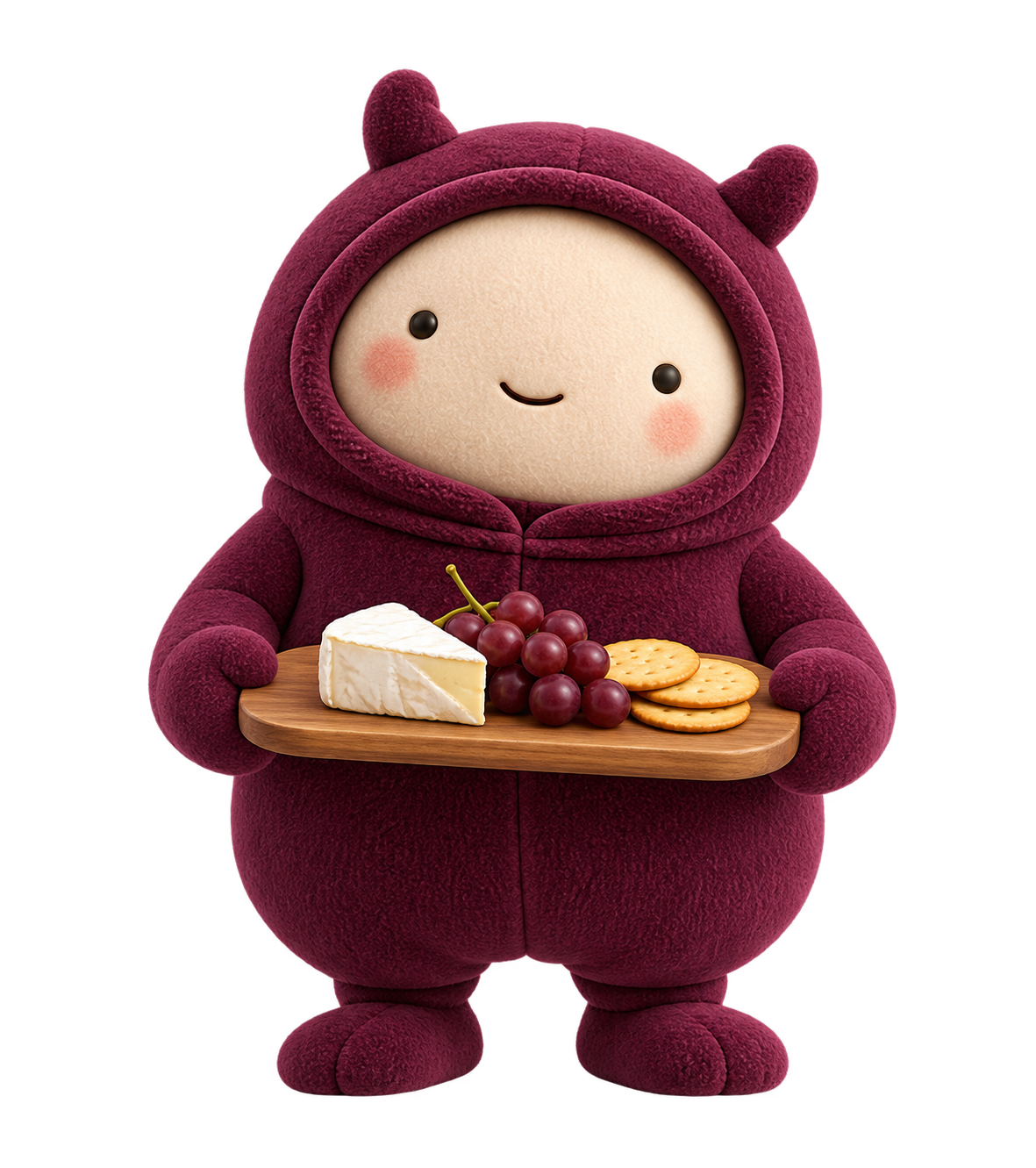 Hooded Connoisseur mascot carrying a cheese board