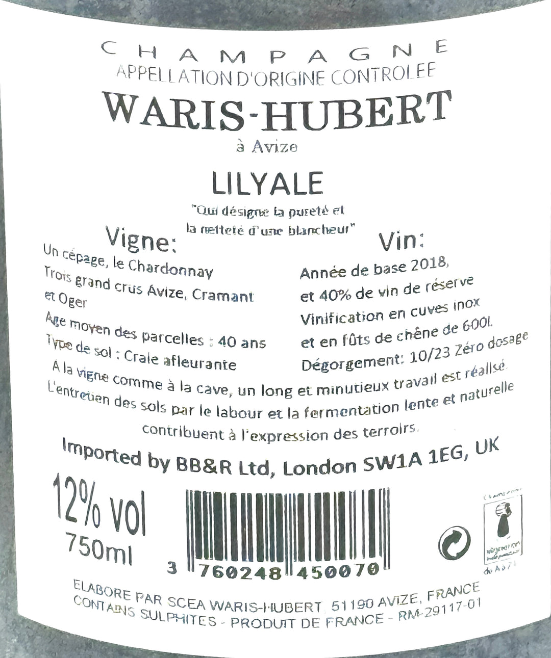 Champagne Waris Hubert, Lilyale, Blanc de Blancs, Grand Cru, Zero Dosage